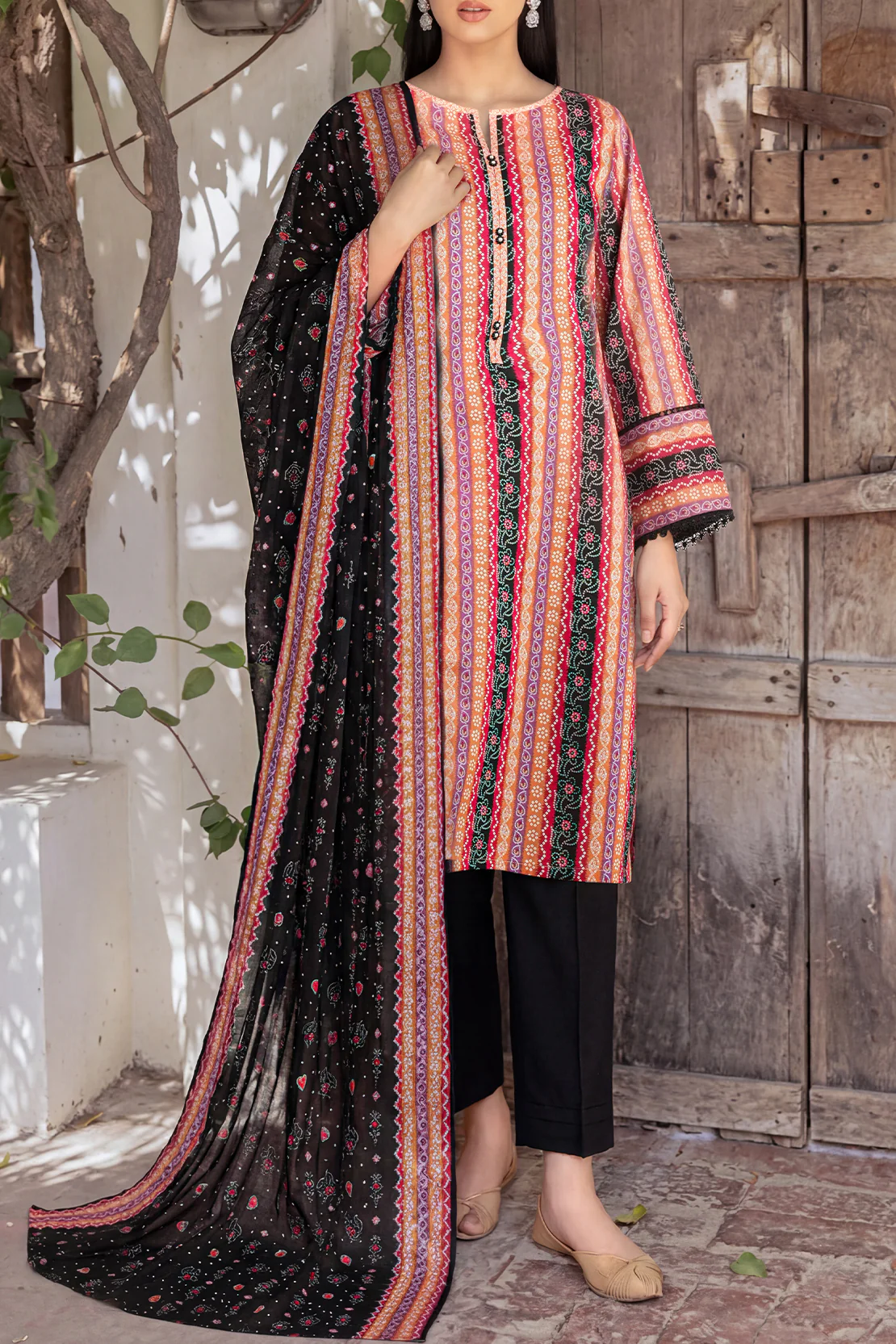 Unstitched Printed Self Strip Lawn 3 Piece