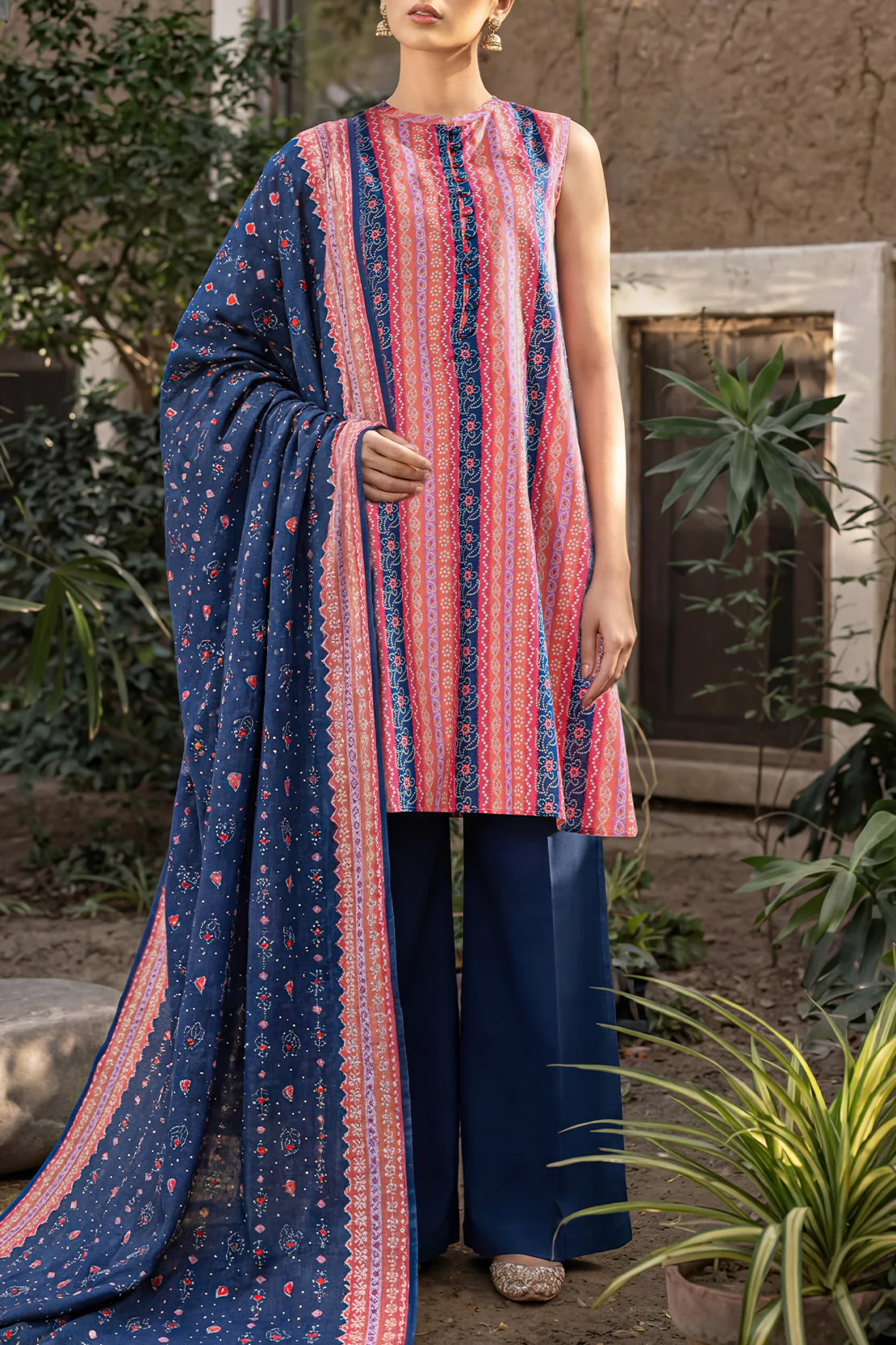 Unstitched Printed Self Strip Lawn 3 Piece