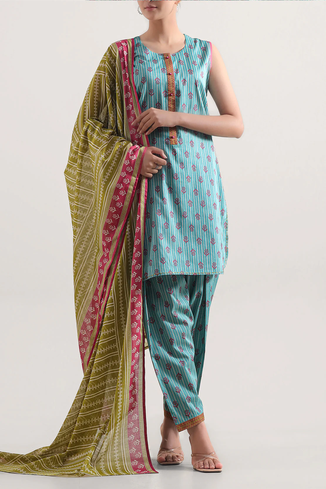 Unstitched Printed Self Strip Lawn 3 Piece