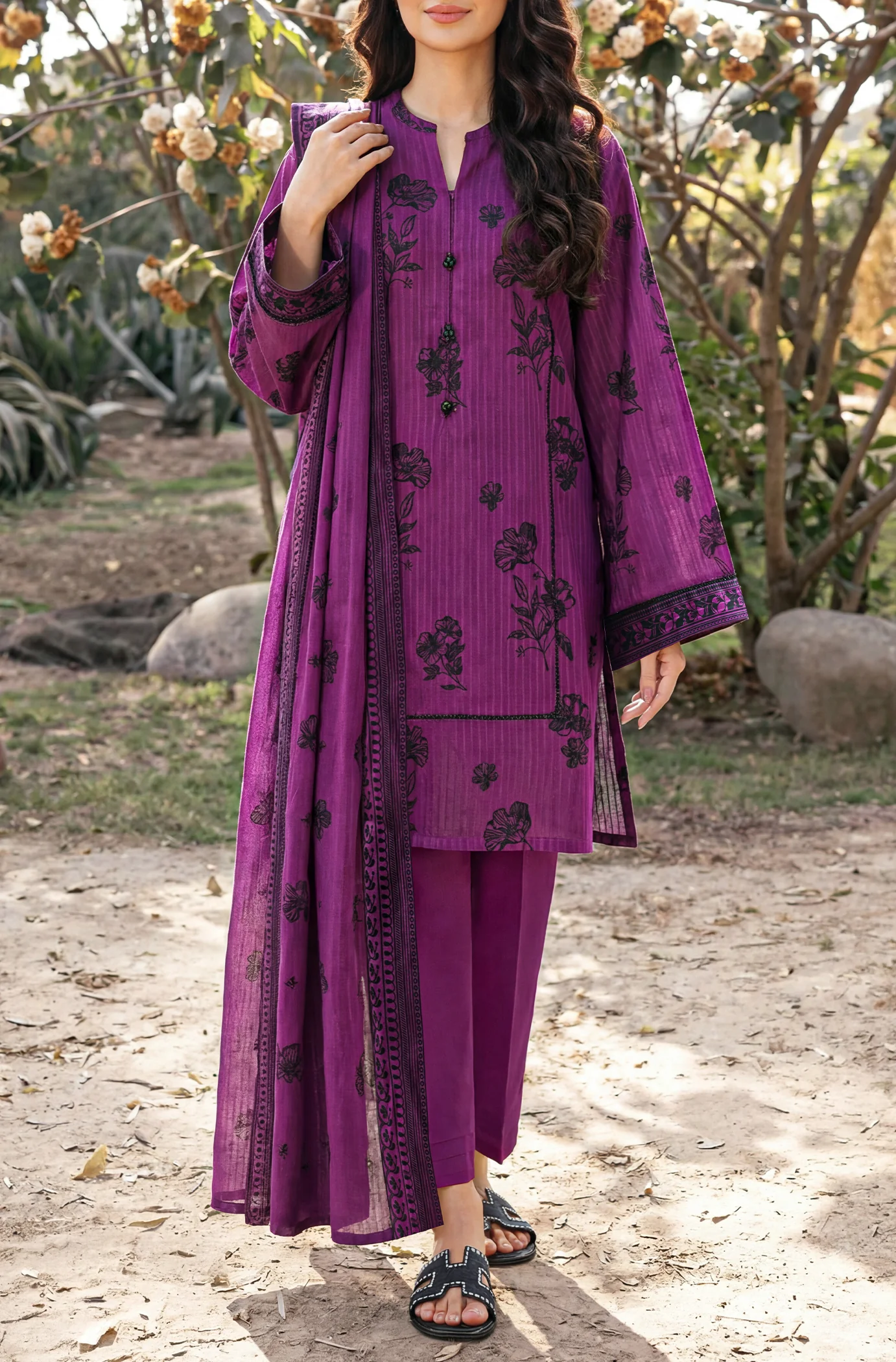 Unstitched Printed Self Strip Lawn 3 Piece