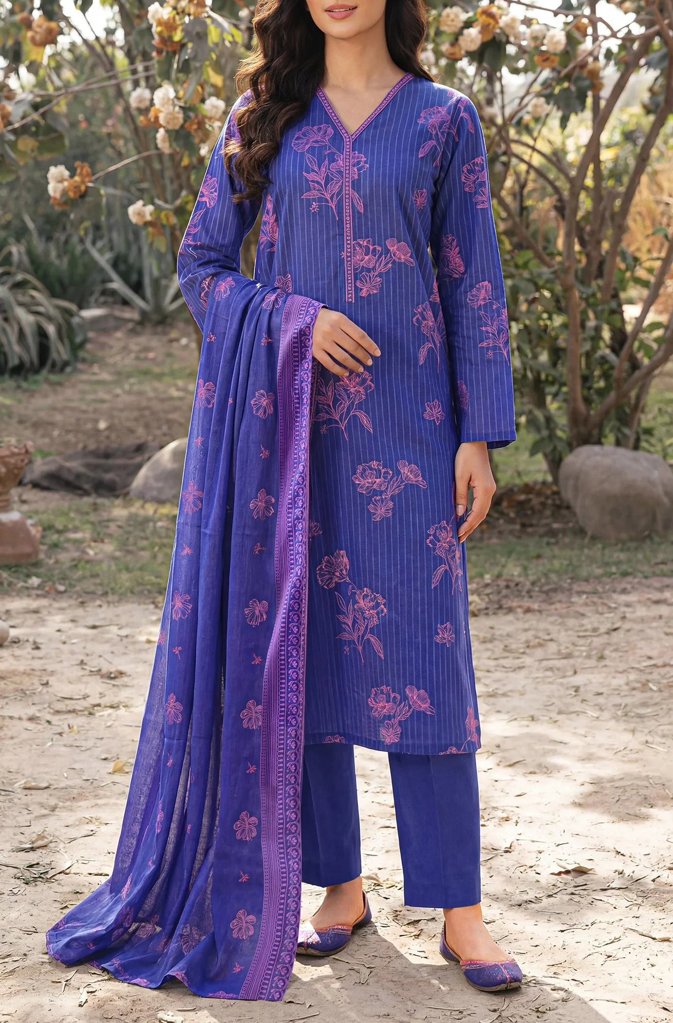 Unstitched Printed Self Strip Lawn 3 Piece