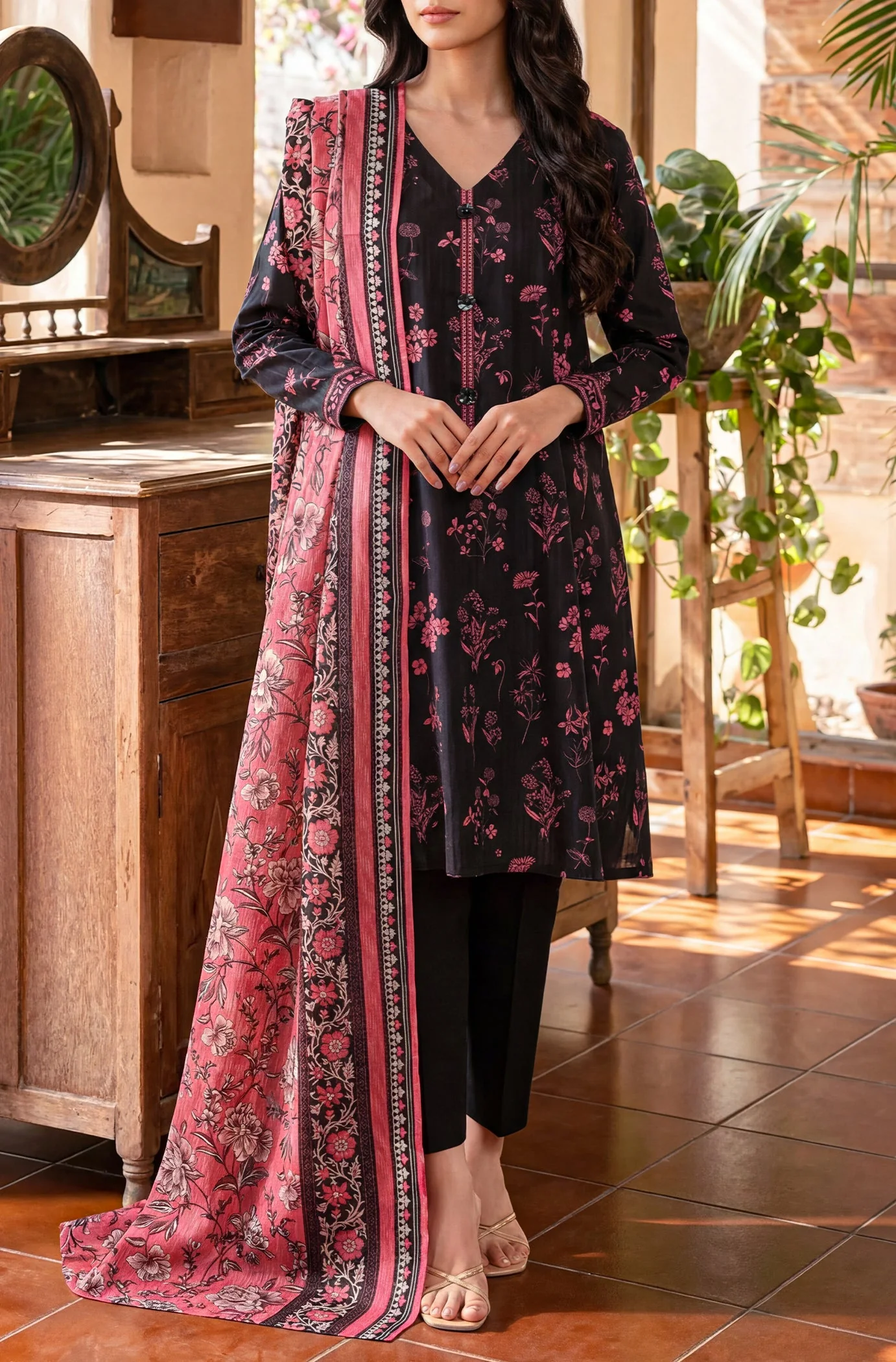 Unstitched Printed Self Strip Lawn 3 Piece