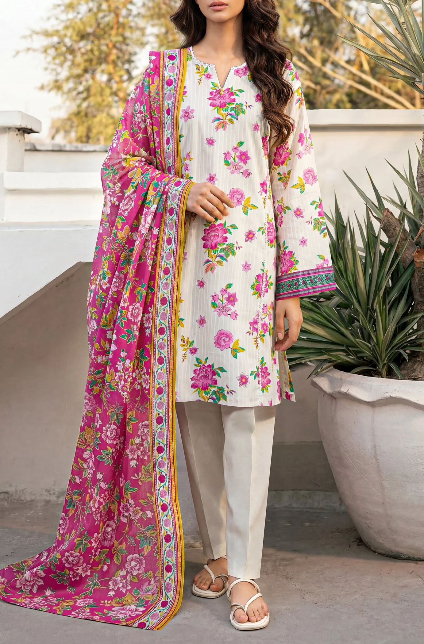 Unstitched Printed Self Strip Lawn 3 Piece