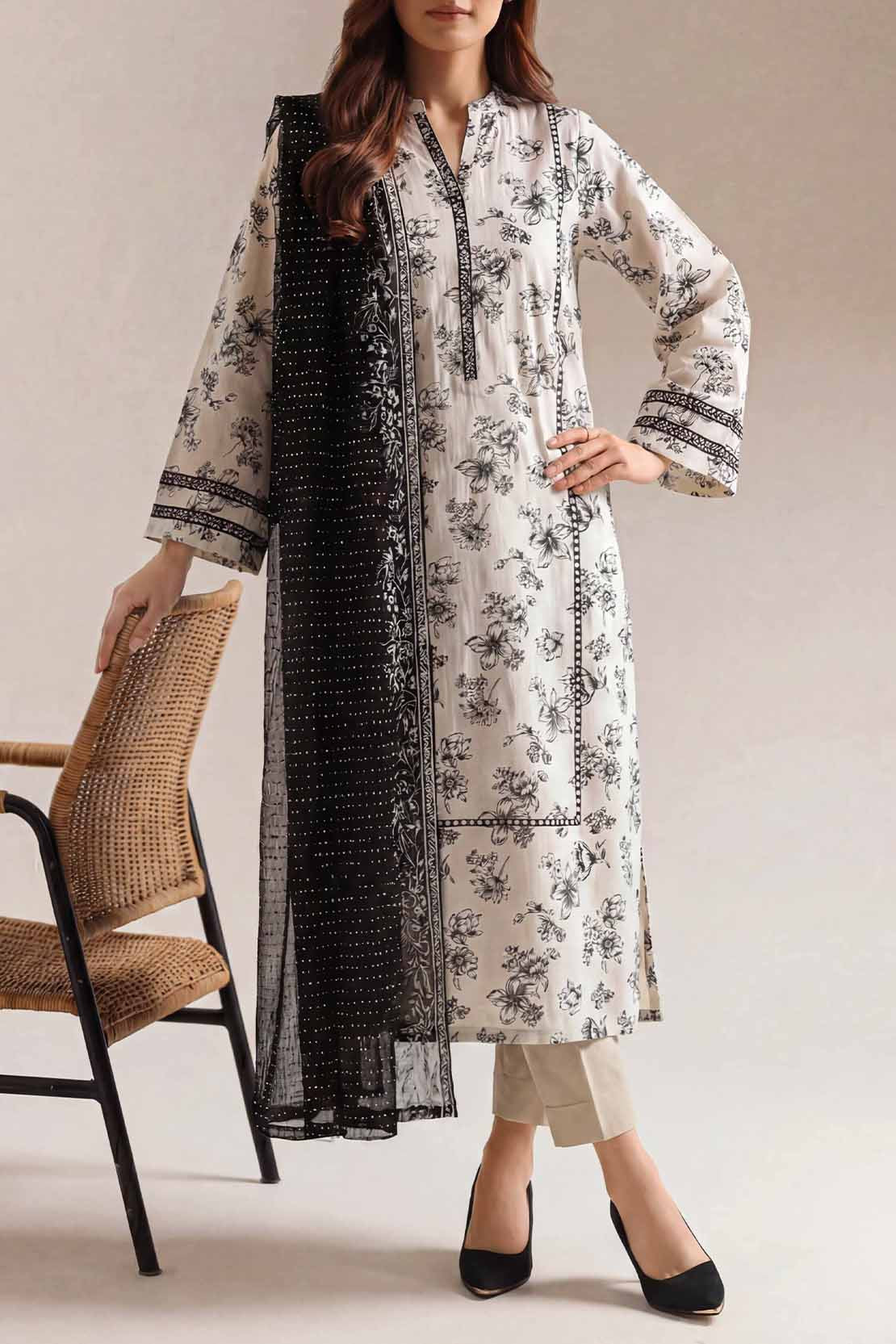 Unstitched Printed Self Strip Lawn 3 Piece
