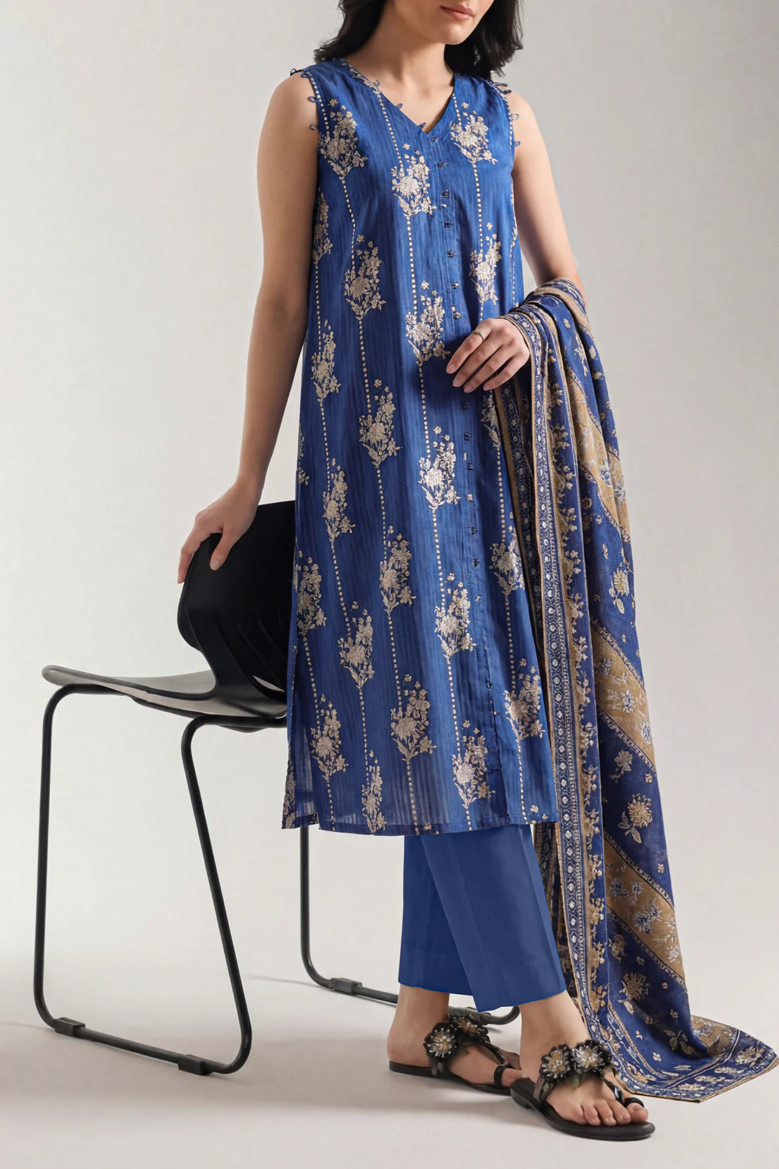 Unstitched Printed Self Strip Lawn 3 Piece