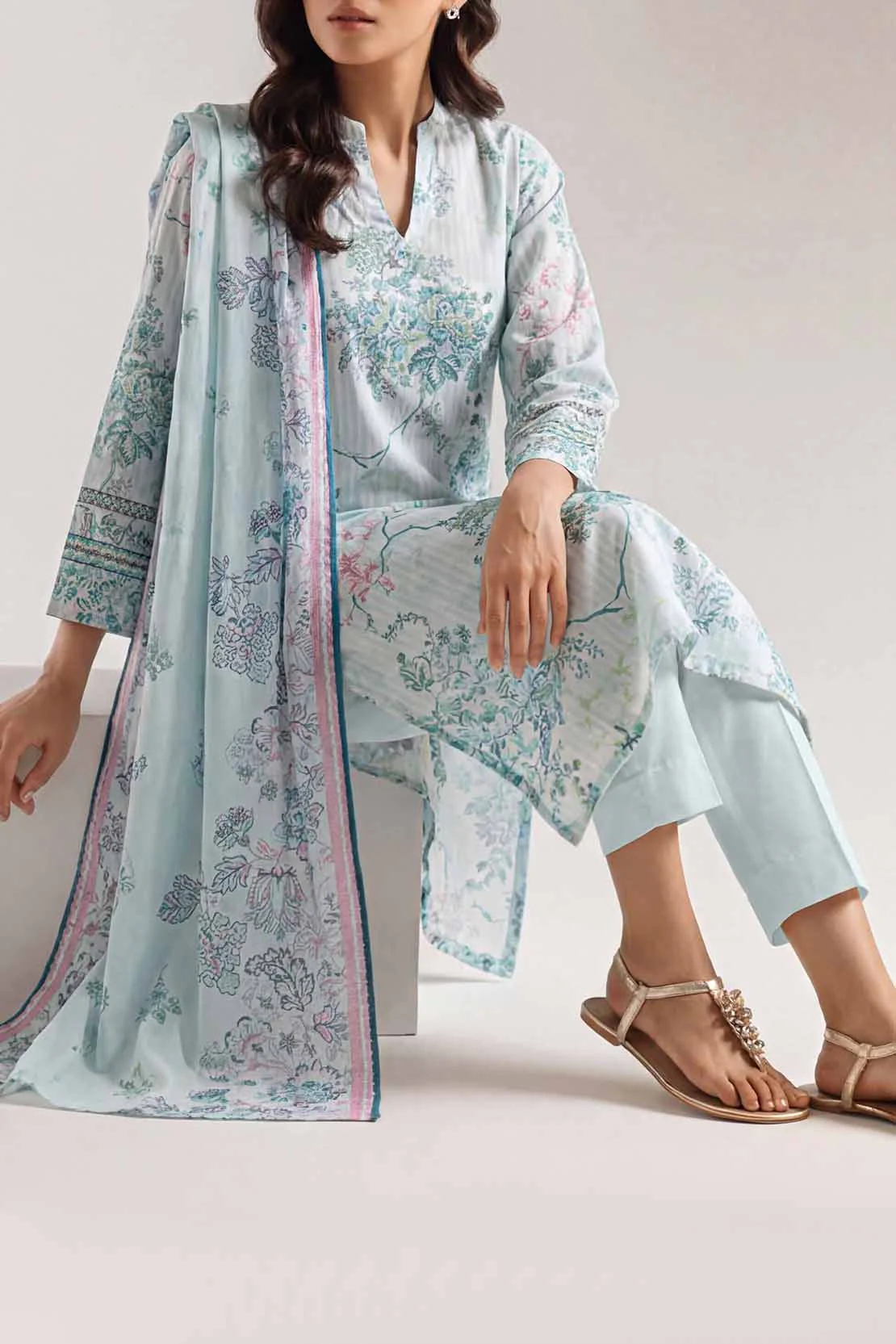 Unstitched Printed Self Strip Lawn 3 Piece