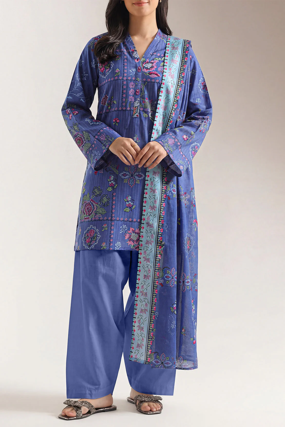Unstitched Printed Self Strip Lawn 3 Piece