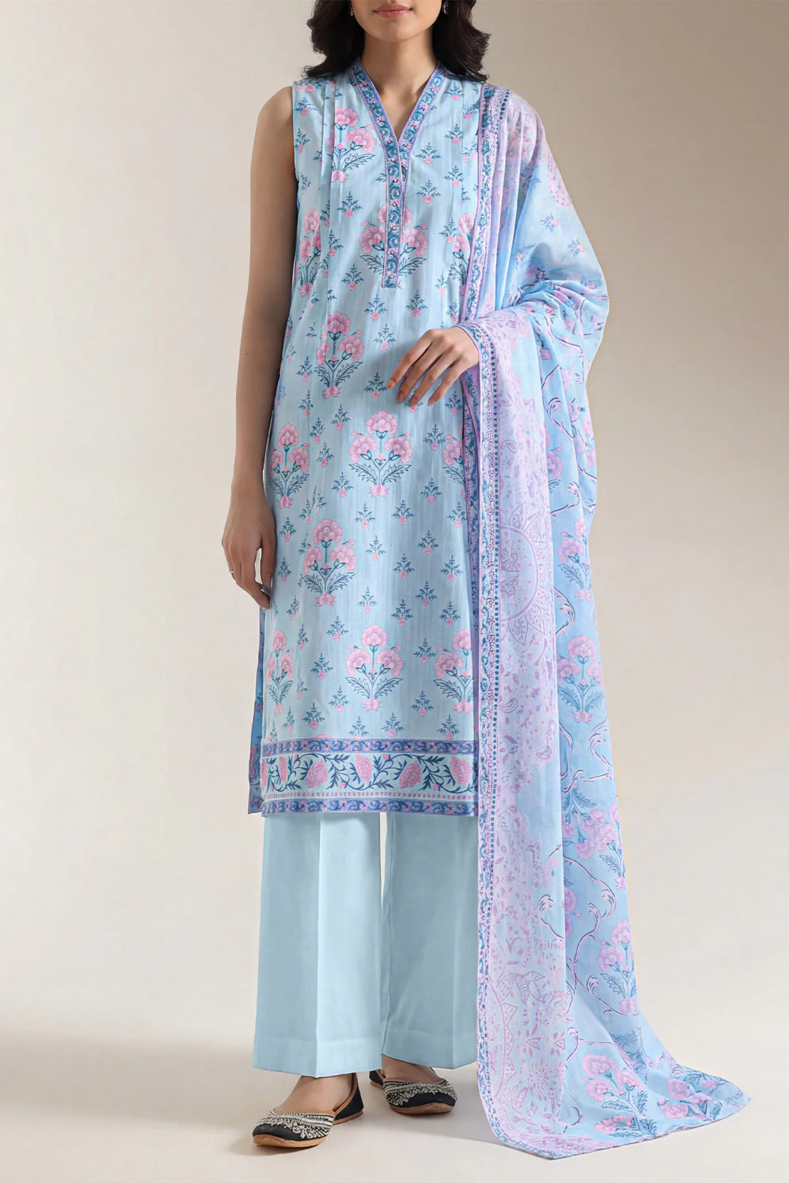 Unstitched Printed Self Strip Lawn 3 Piece - Image 2