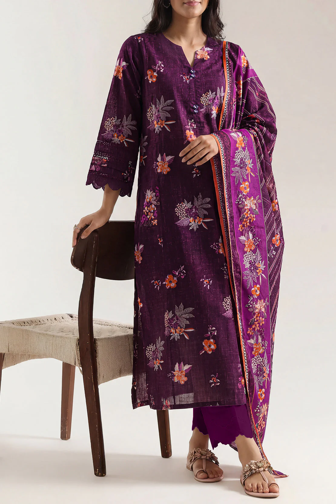 Unstitched Printed Self Strip Lawn 3 Piece