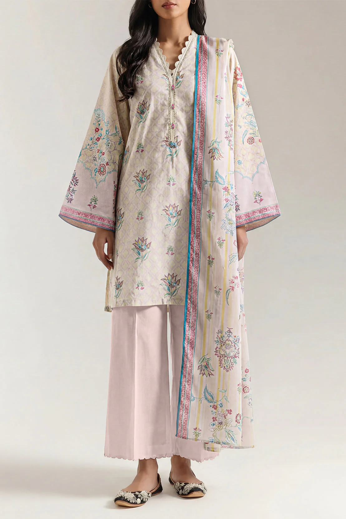 Unstitched Printed Self Strip Lawn 3 Piece - Image 2
