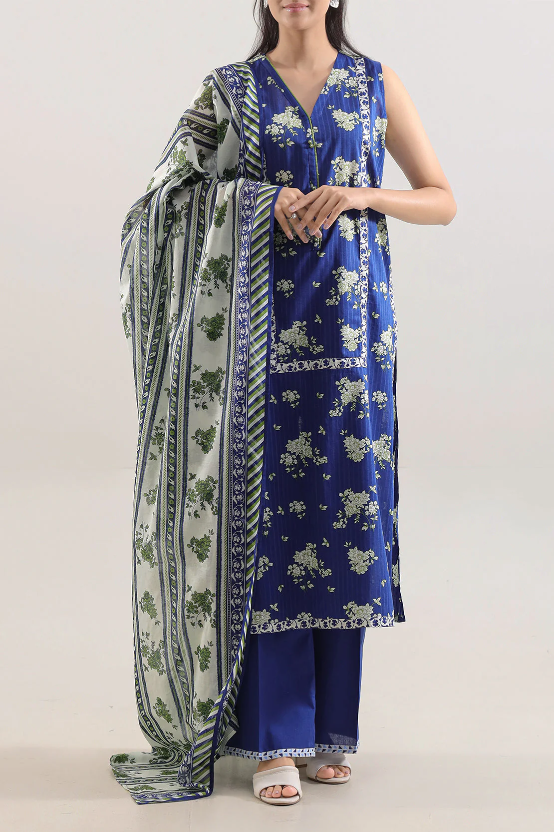 Unstitched Printed Self Stripe Lawn 2 Piece (Shirt/Trouser)