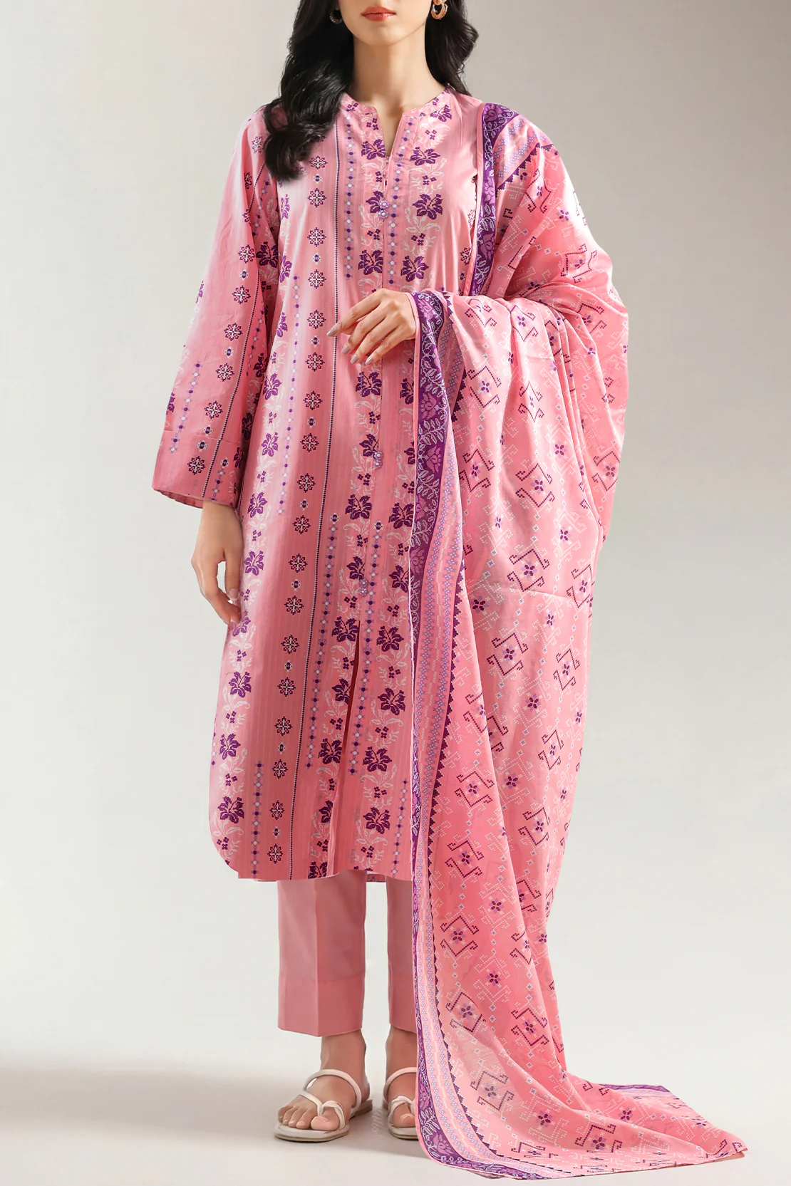Unstitched Printed Self Stripe Lawn 2 Piece (Shirt/Trouser)