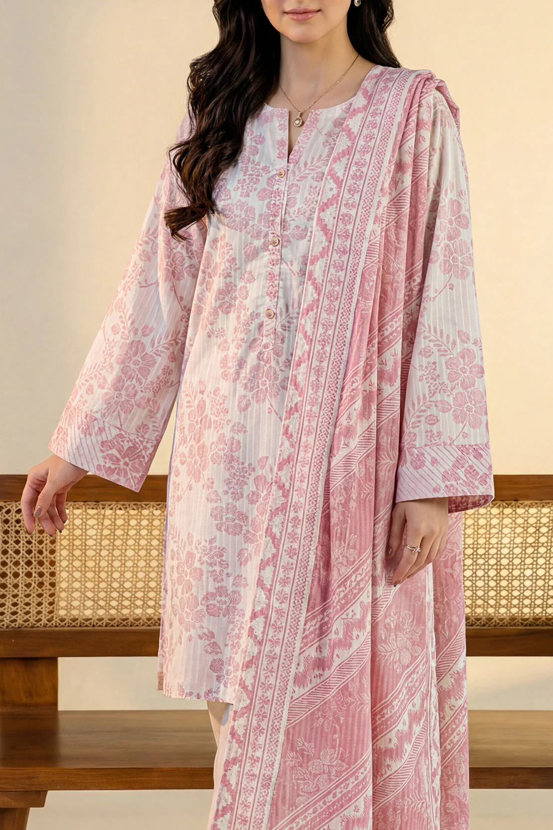 Unstitched Printed Self Stripe Lawn 3 Piece - Image 2