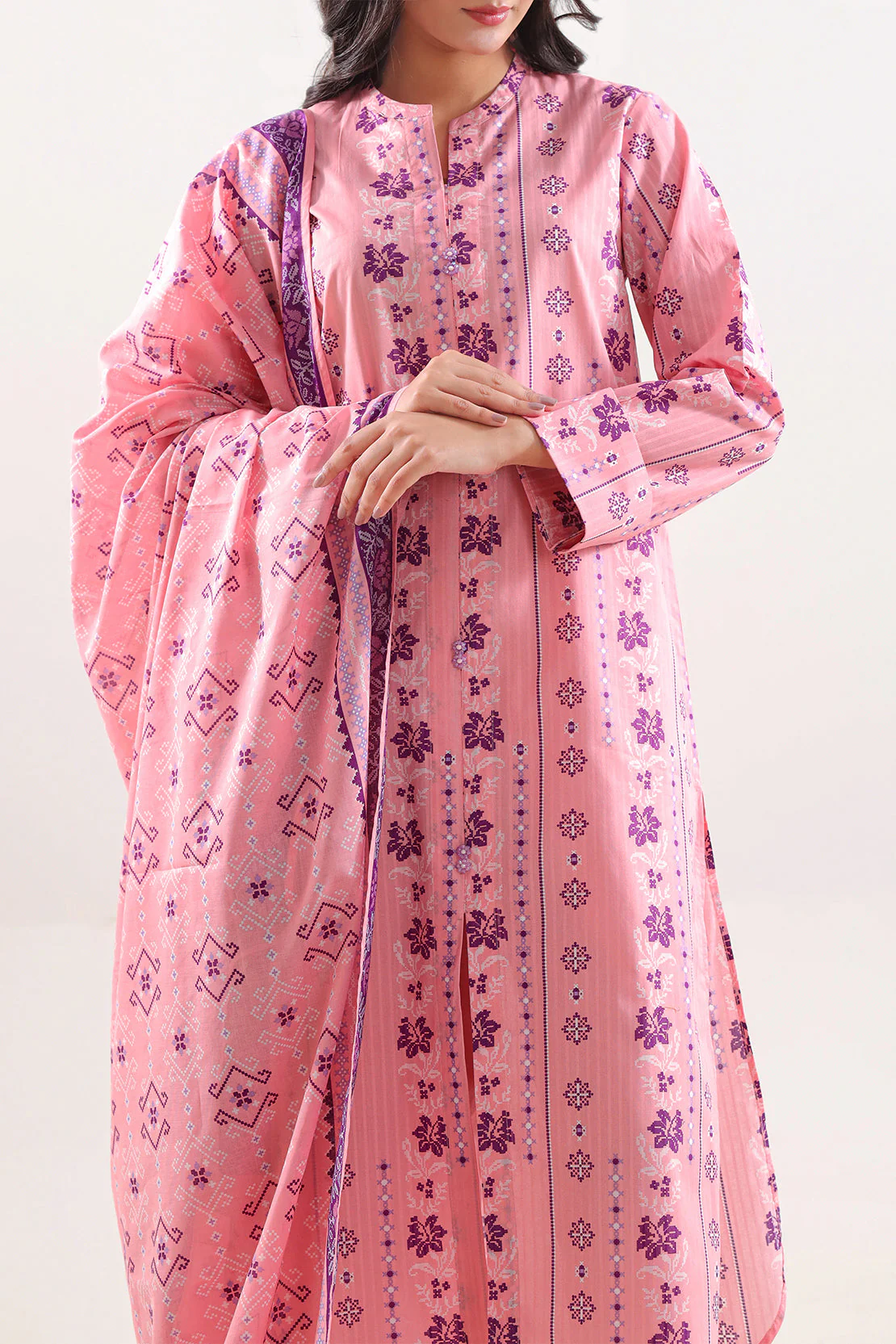 Unstitched Printed Self Stripe Lawn 3 Piece - Image 2