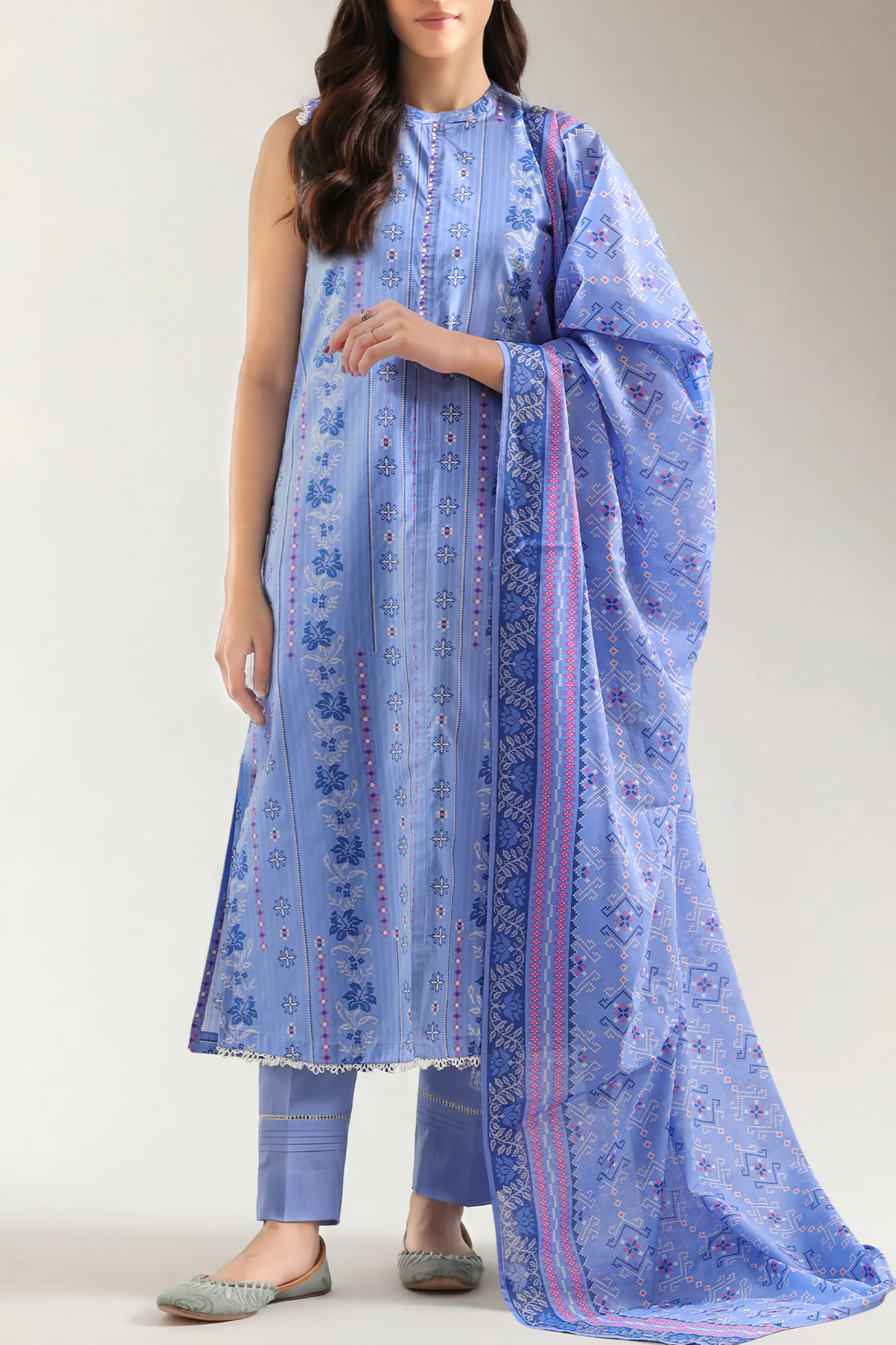 Unstitched Printed Stripe Lawn 3 Piece