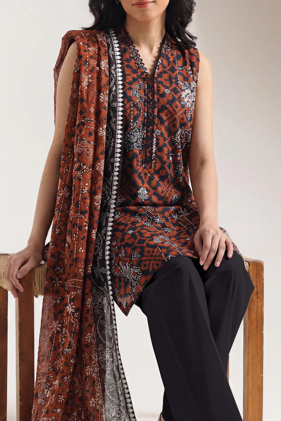 Unstitched Printed Self Stripe Lawn 3 Piece - Image 2