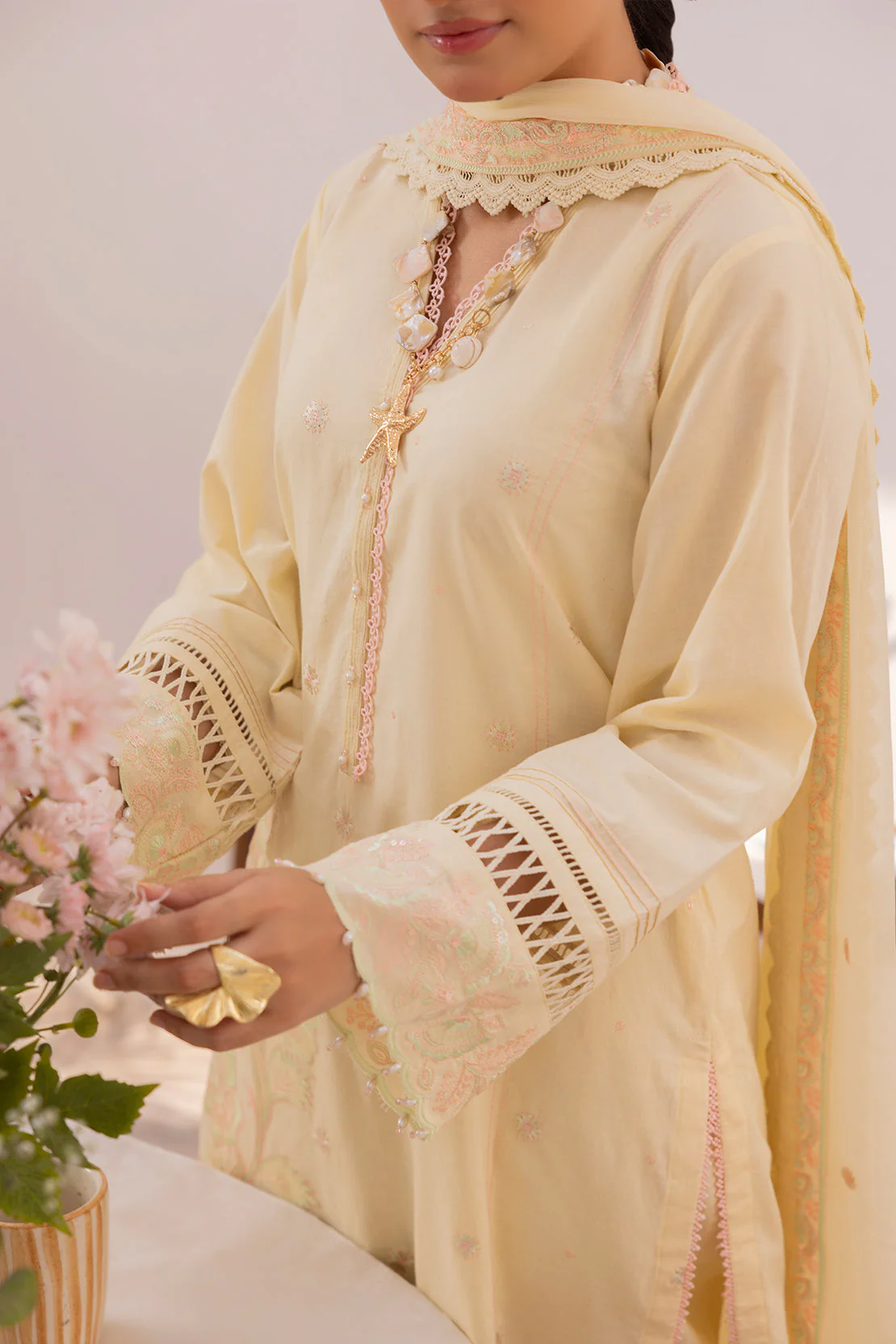Unstitched Solid Embroidered Cambric 3 Piece With chiffon Dupatta - Image 3