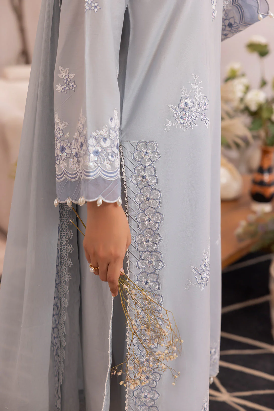 Unstitched Solid Embroidered Cambric 3 Piece With chiffon Dupatta - Image 6