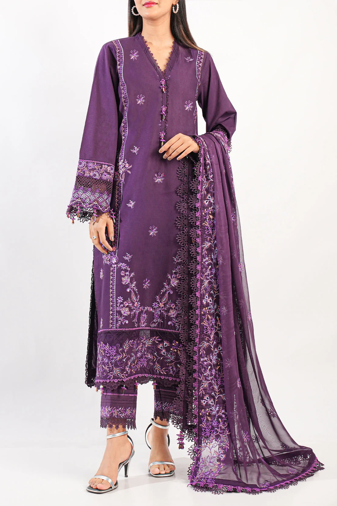 Unstitched Solid Embroidered Cambric 3 Piece with Chiffon Dupatta - Image 3