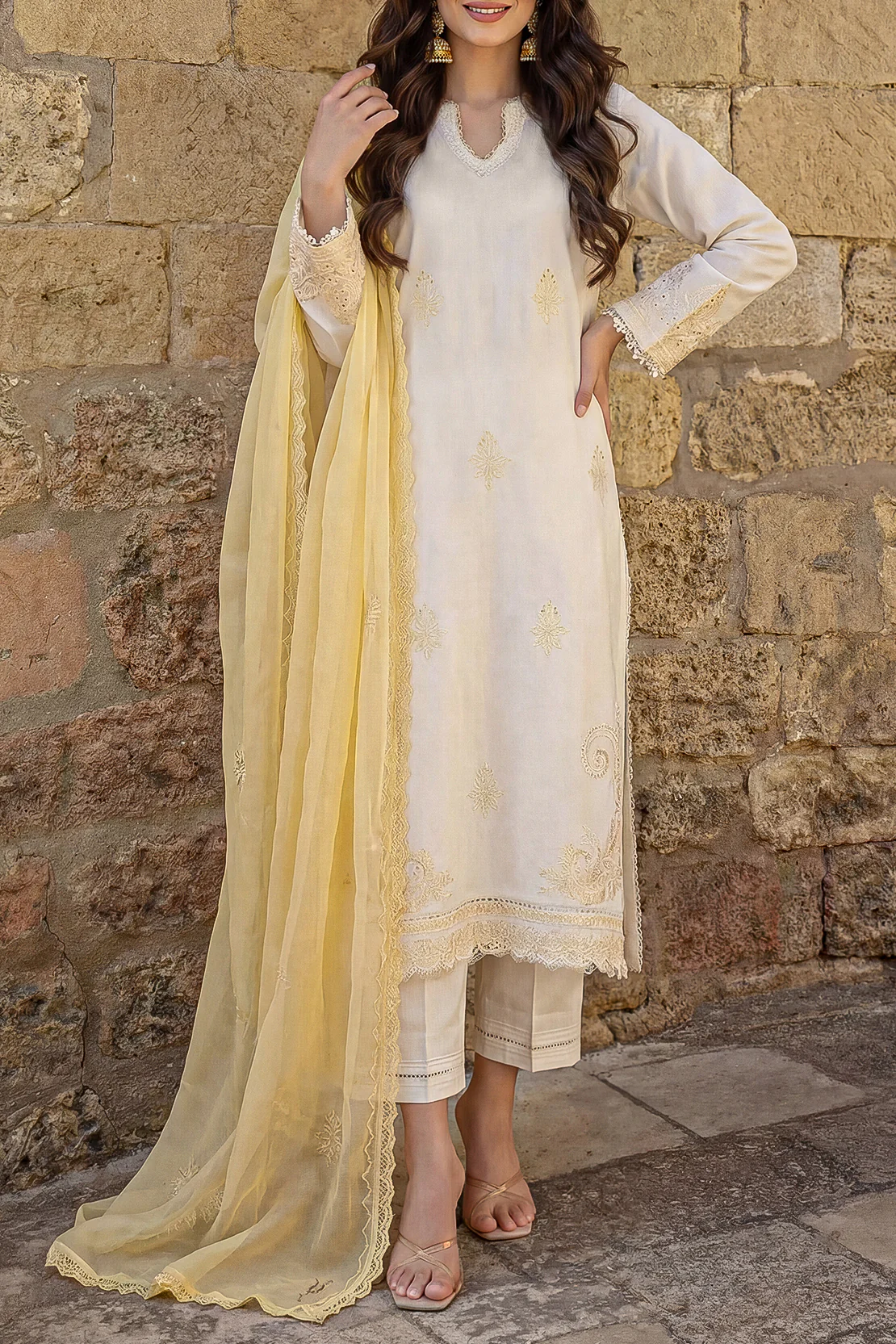 Unstitched Solid Embroidered Cambric 3 Piece With chiffon Dupatta