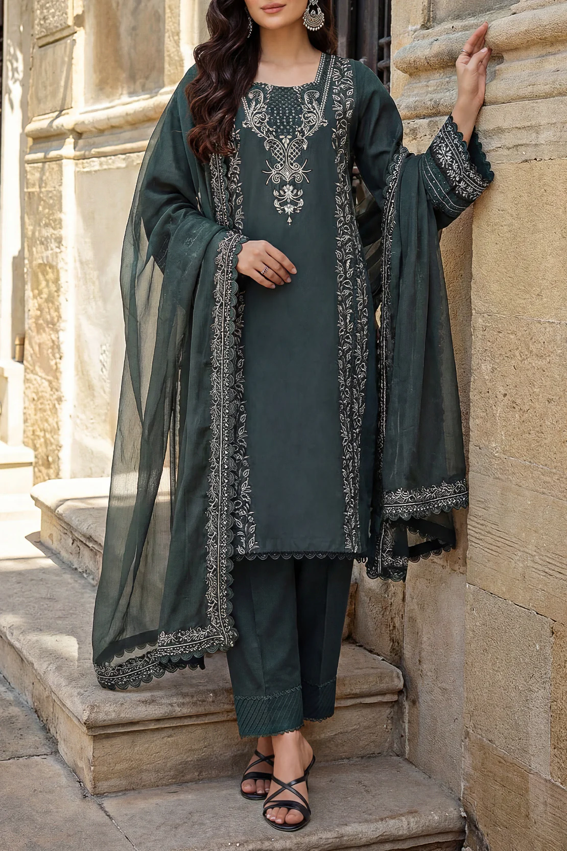 Unstitched Solid+Embroidered Cambric 3 Piece With (Chiffon Dupatta)