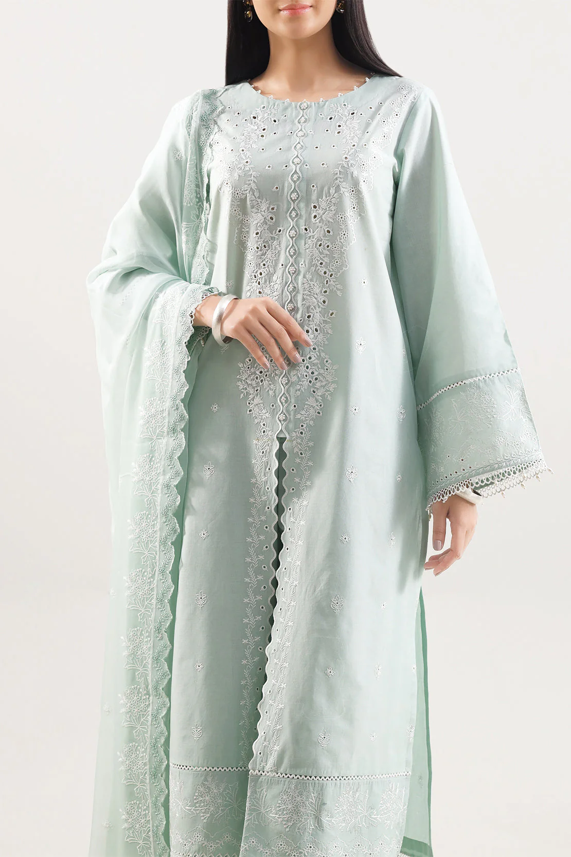 Unstitched Solid+Embroidered Cambric 3 Piece With (Chiffon Dupatta) - Image 2