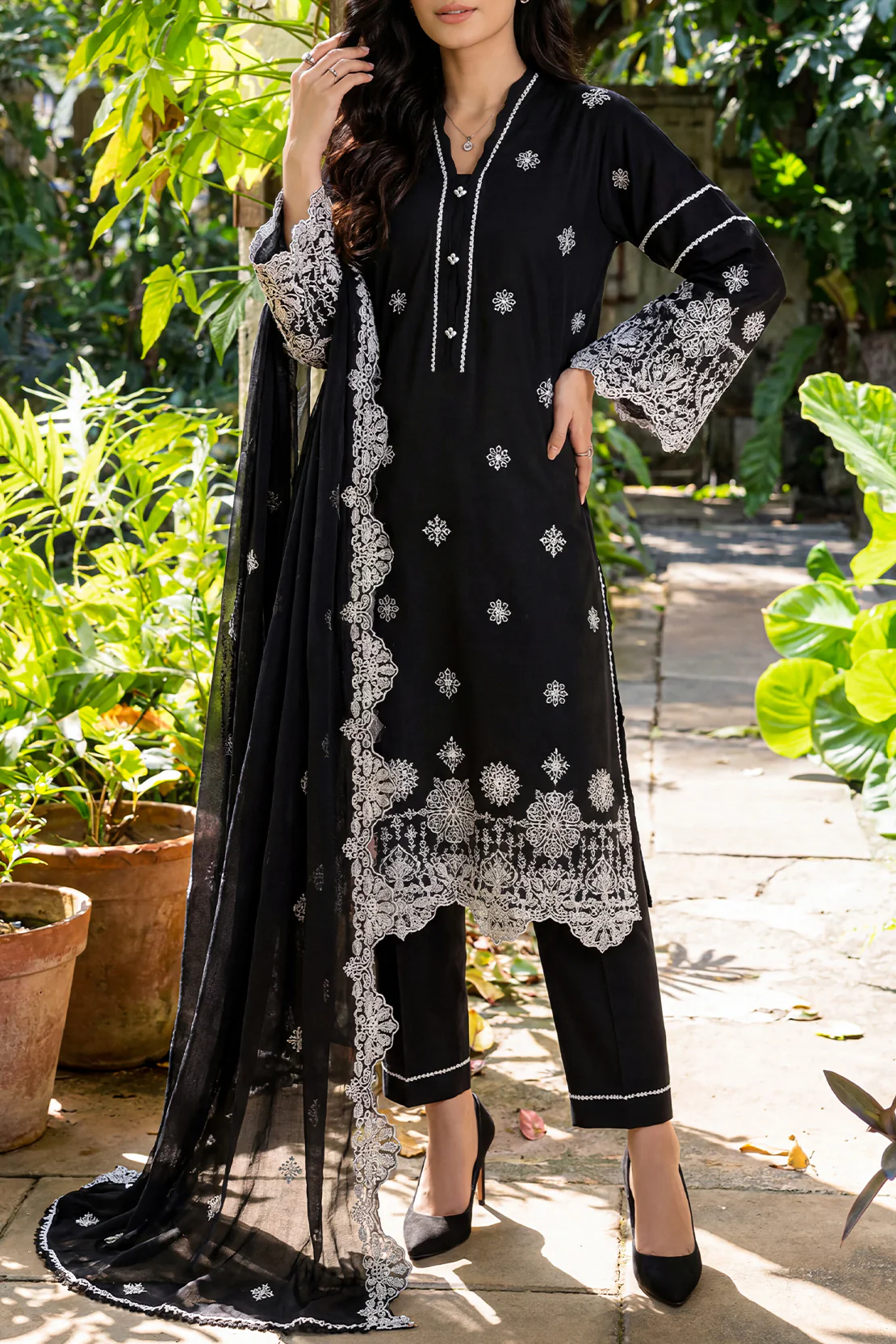 Unstitched Solid Embroidered Cambric 3 Piece With (Chiffon Dupatta)
