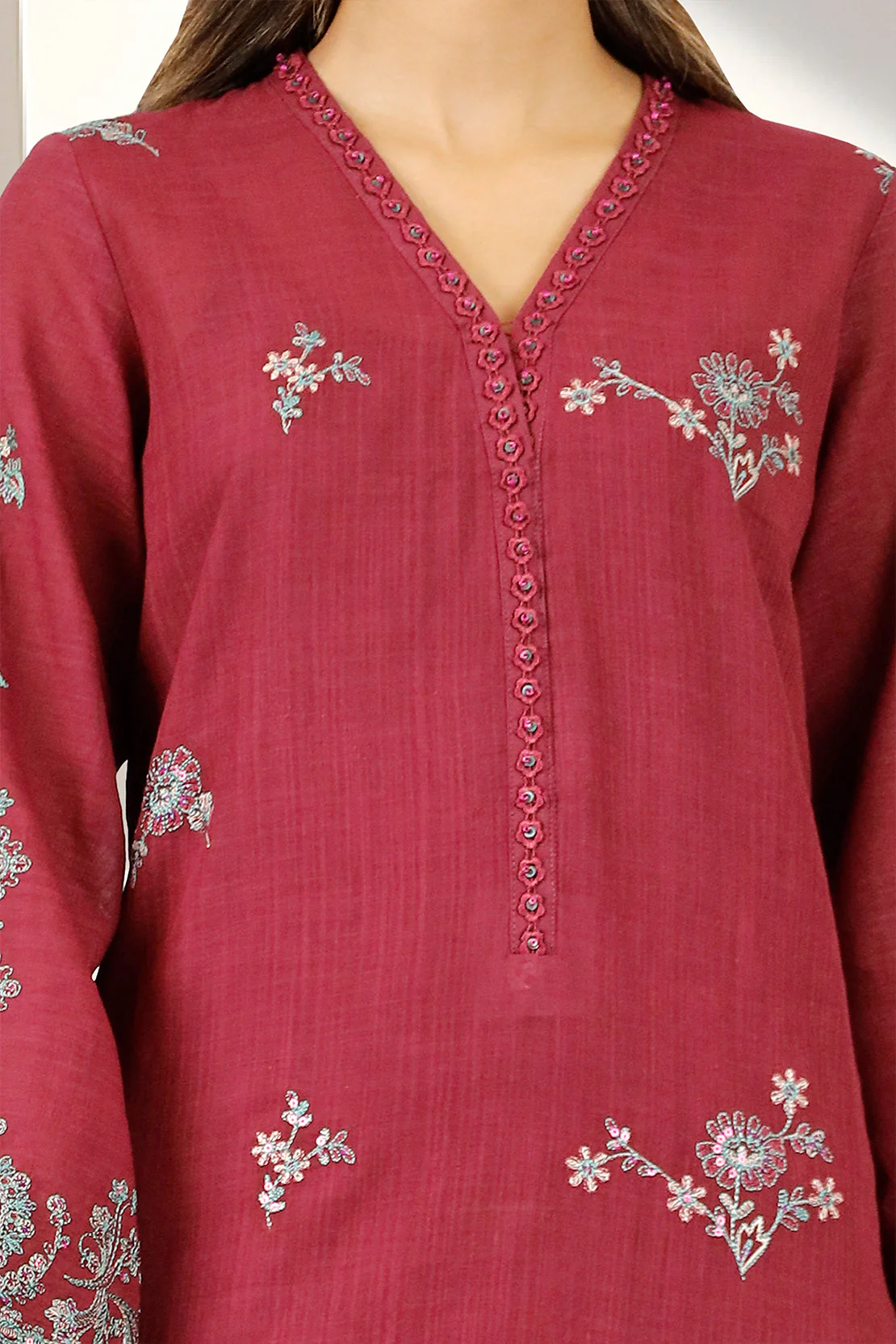 Unstitched Solid Embroidered Cotton Khaddar 2 Piece (Shirt/Trouser) - Image 2