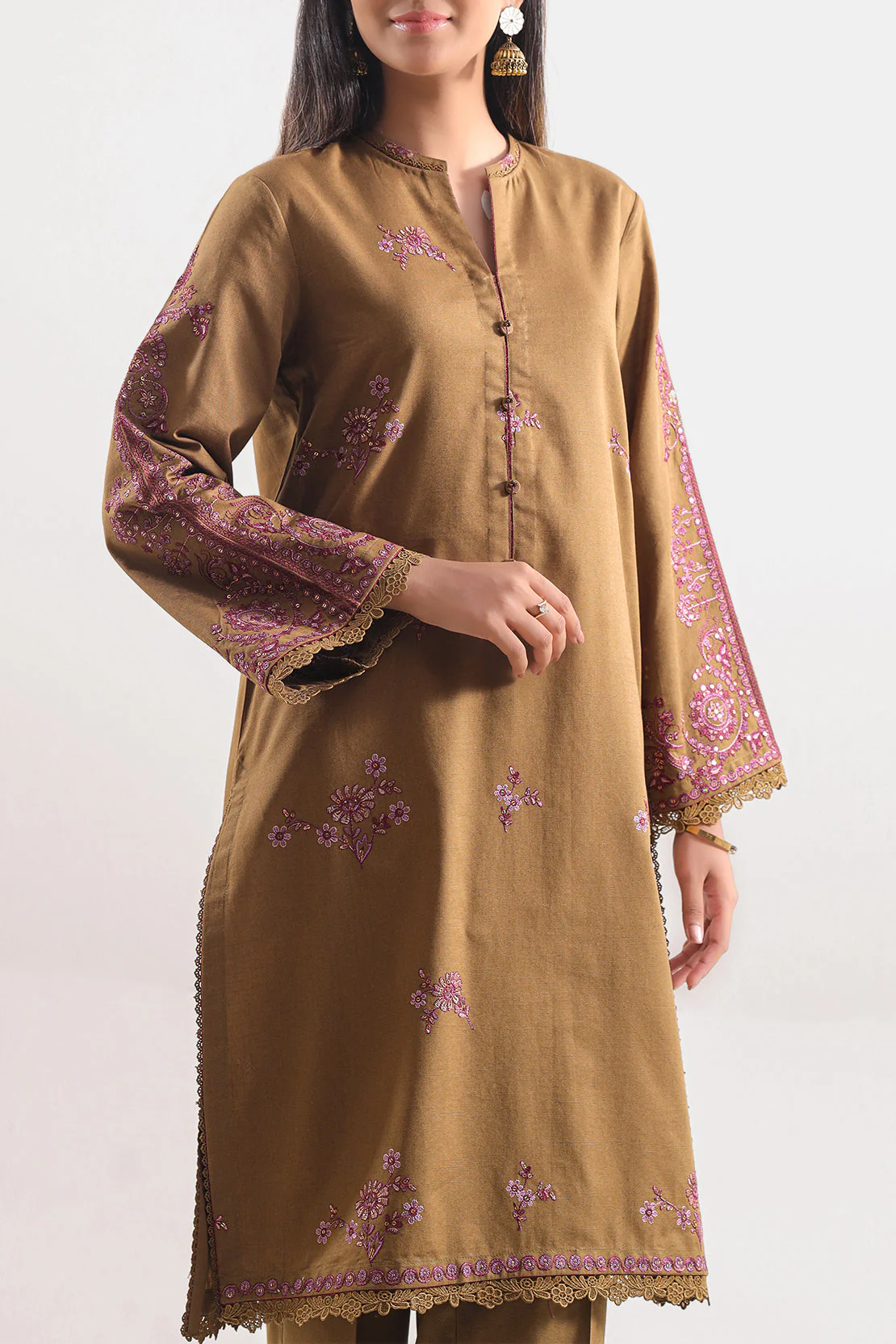Unstitched Solid Embroidered Cotton Khaddar 2 Piece (Shirt/Trouser) - Image 2