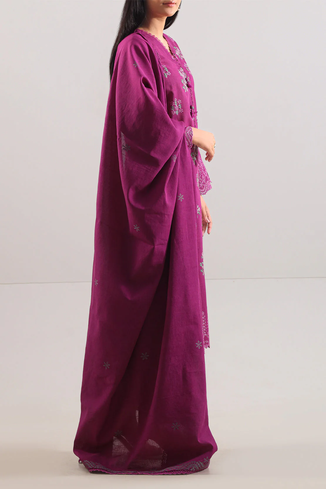 Unstitched Solid Embroidered Cotton Khaddar 3 Piece - Image 3
