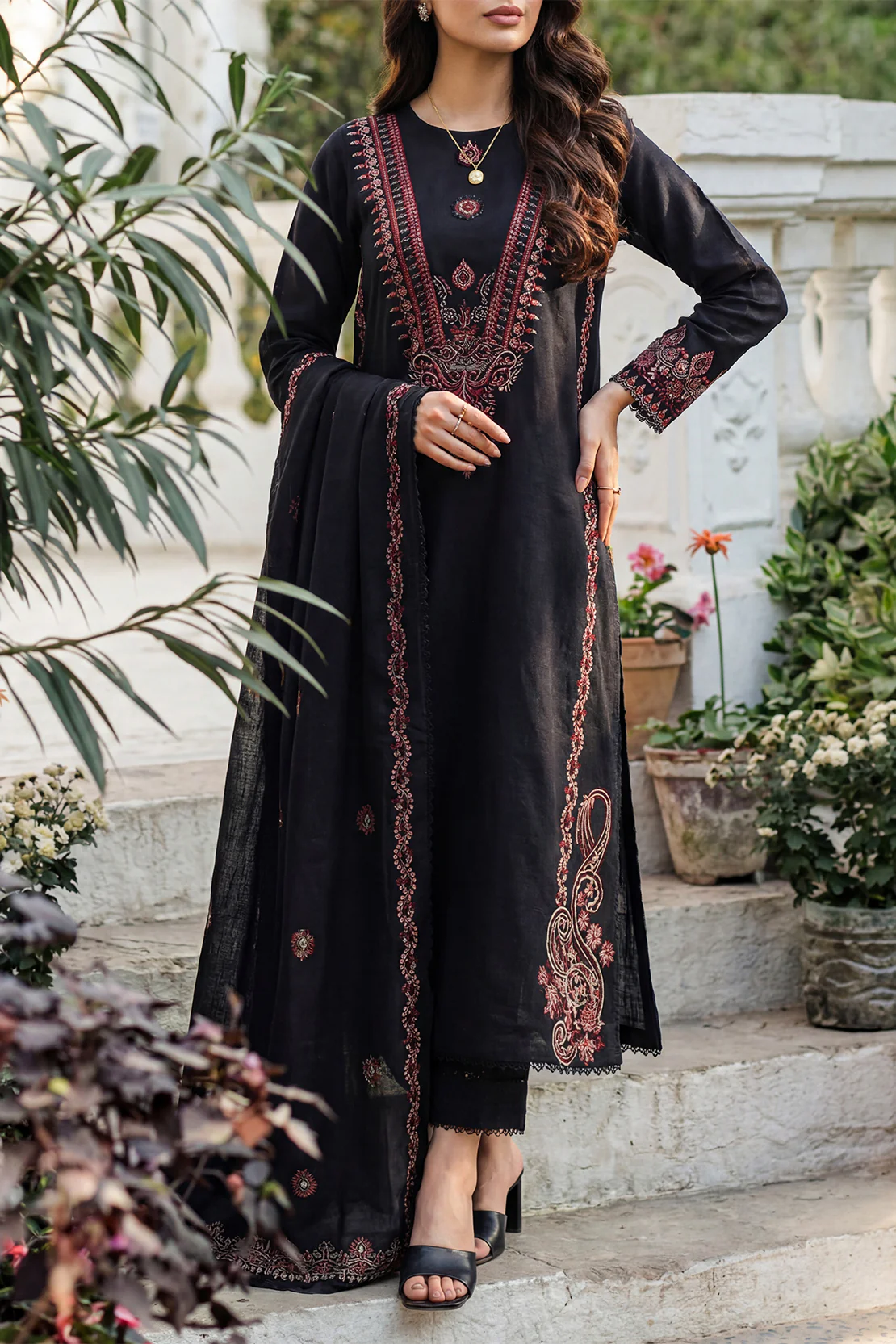 Unstitched Solid Embroidered Cotton Khaddar 3 Piece