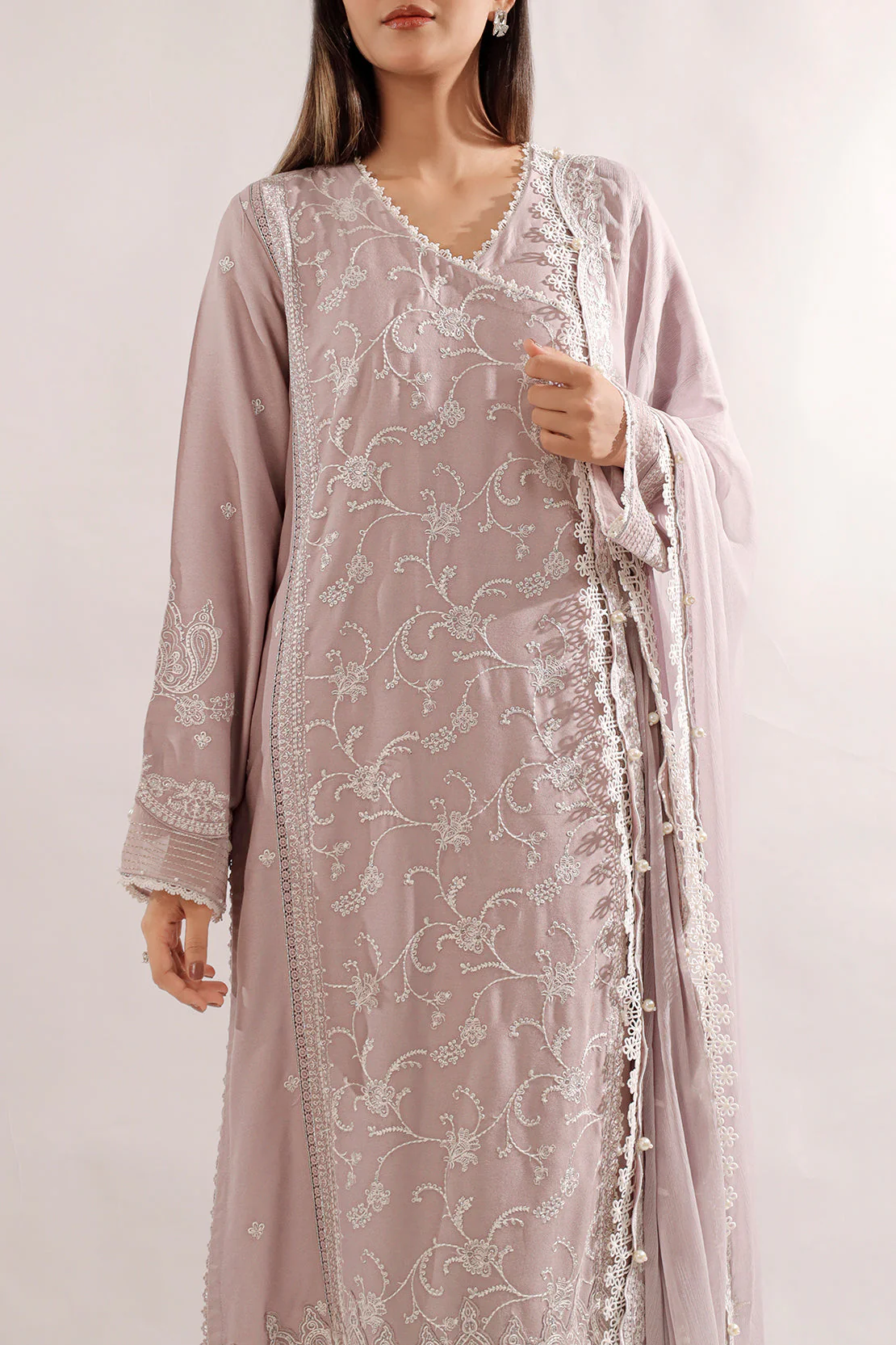 Unstitched Solid Embroidered Dobby Crepe 3 Piece With chiffon Dupatta - Image 4