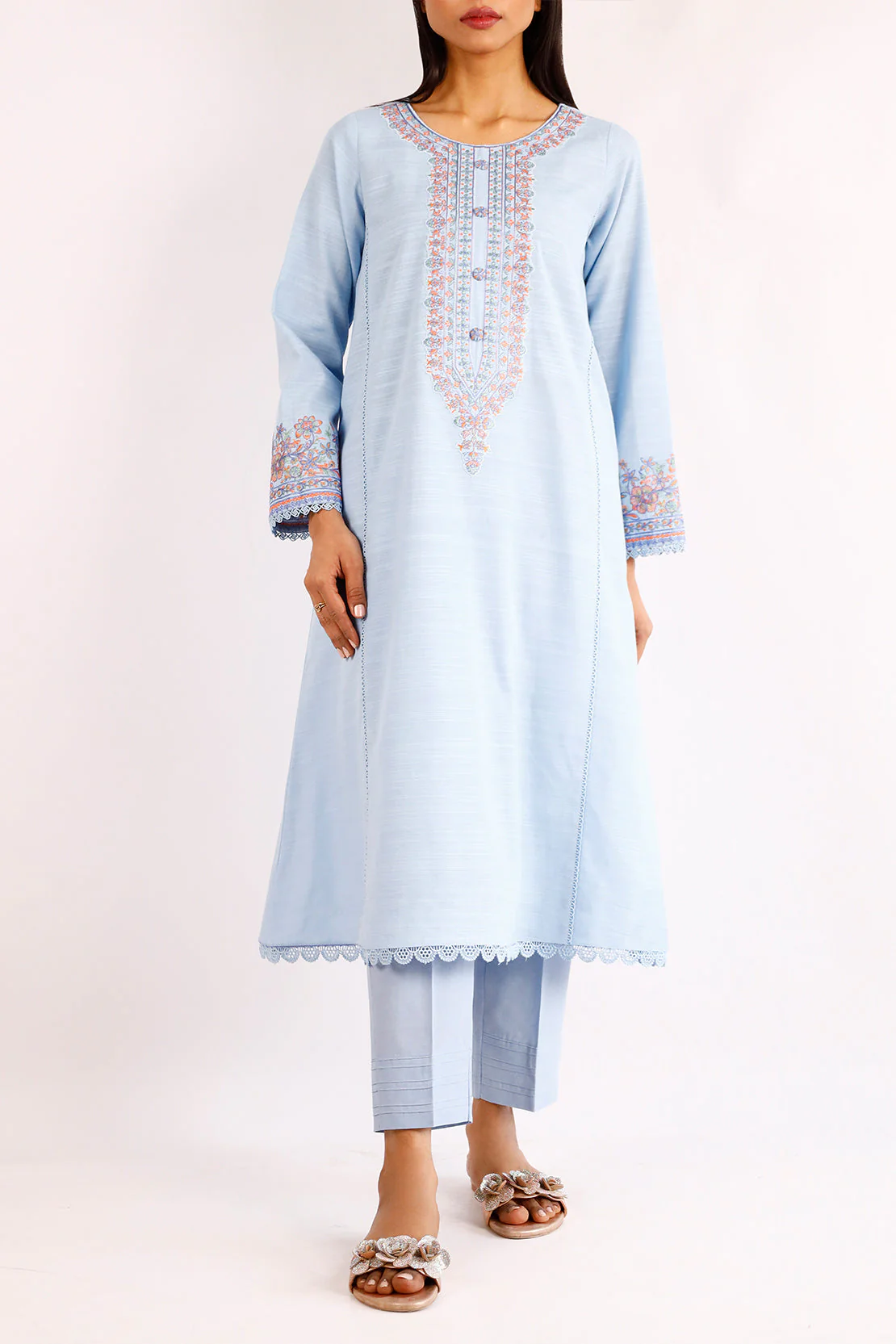 Unstitched Solid Embroidered Khaddar Shirt