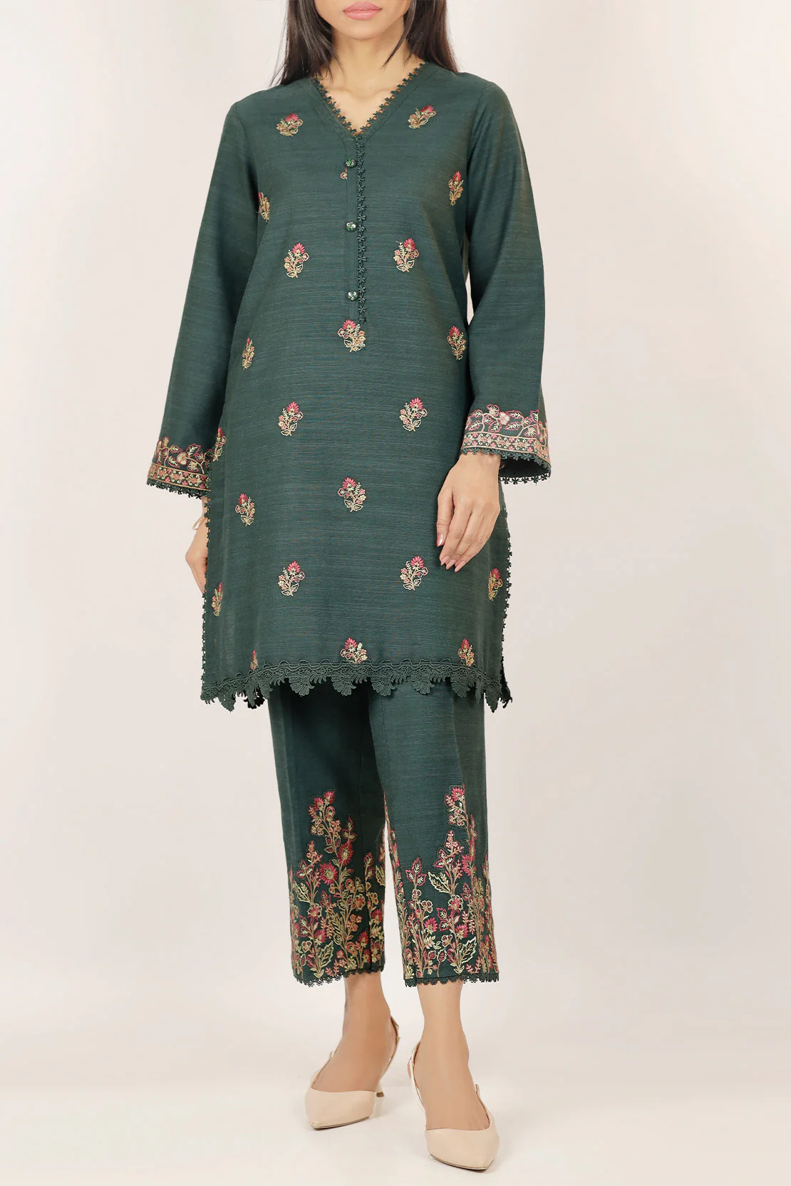 Unstitched Solid Embroidered Khaddar Shirt - Image 2