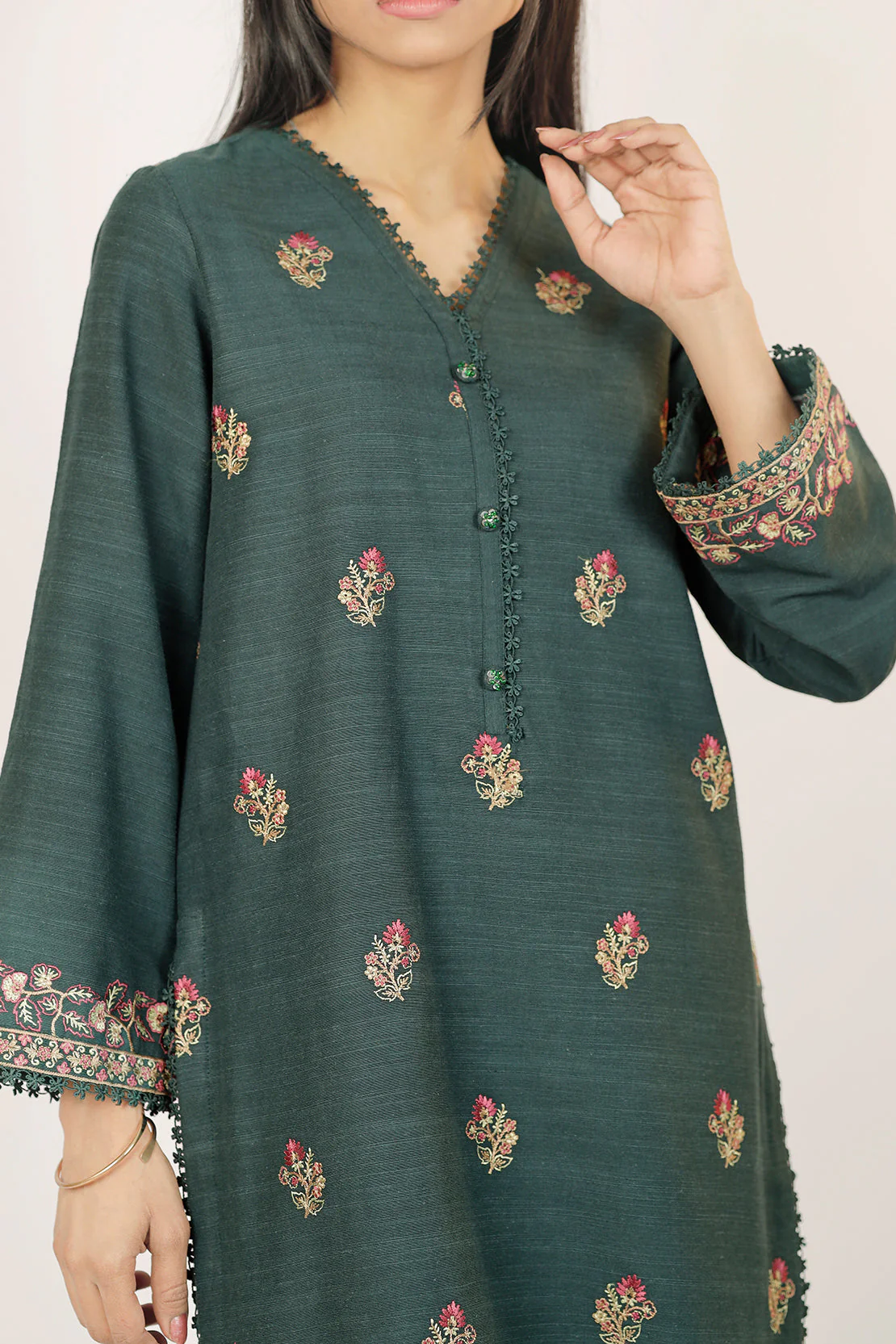 Unstitched Solid Embroidered Khaddar Shirt - Image 5