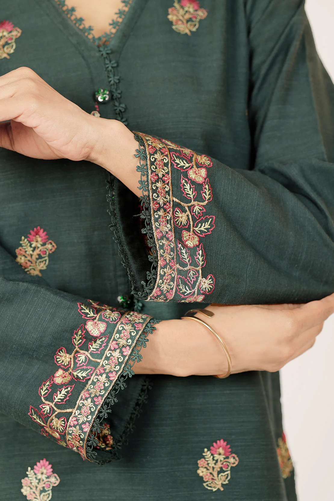 Unstitched Solid Embroidered Khaddar Shirt - Image 6