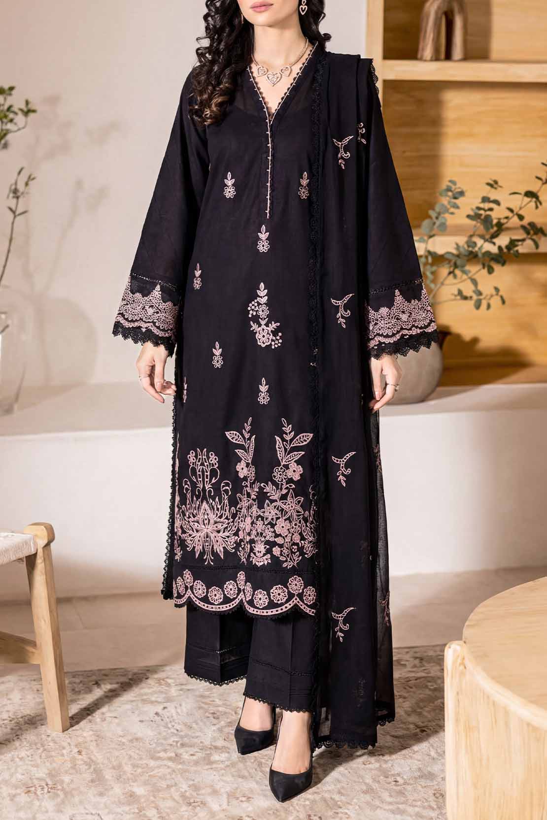 Unstitched Solid Embroidered Self Jacquard 3 Piece With Cotton Net Dupatta