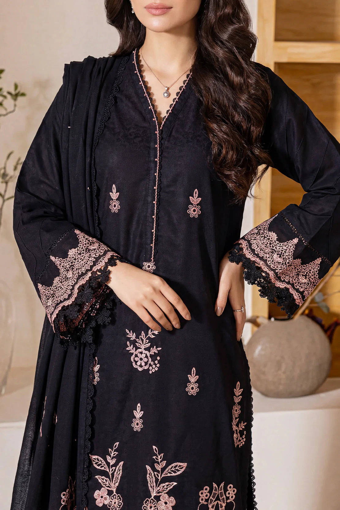 Unstitched Solid Embroidered Self Jacquard 3 Piece With Cotton Net Dupatta - Image 2