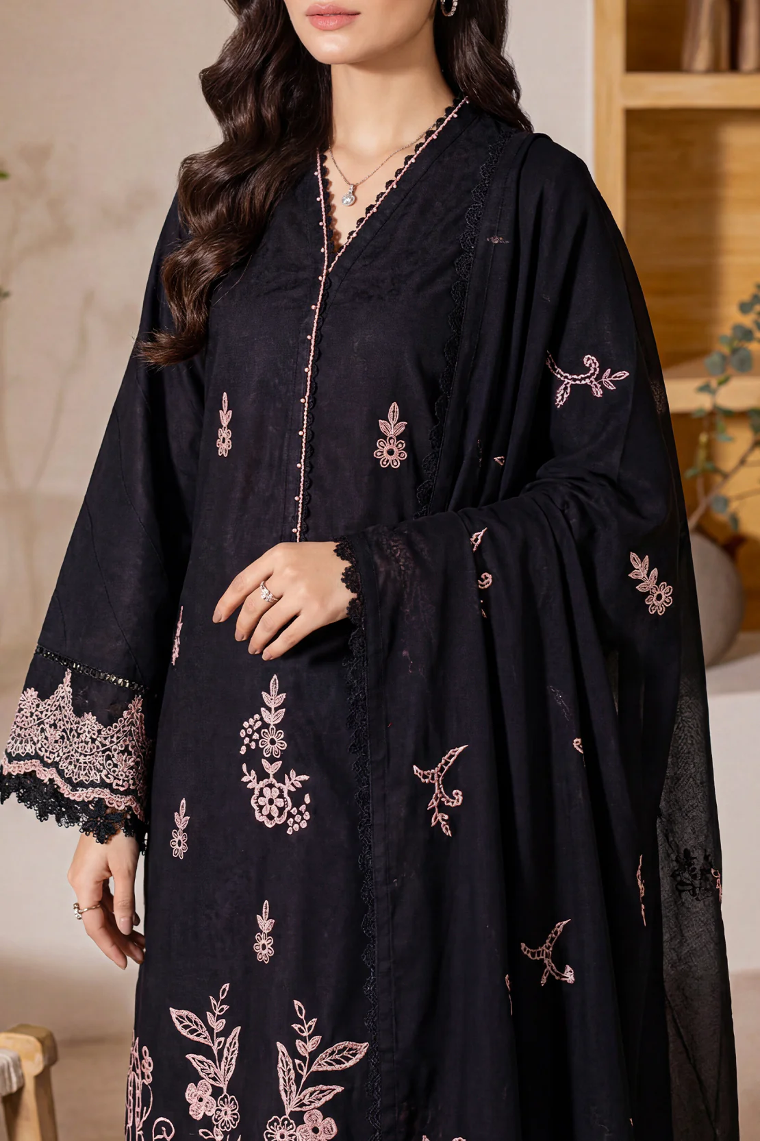 Unstitched Solid Embroidered Self Jacquard 3 Piece With Cotton Net Dupatta - Image 3