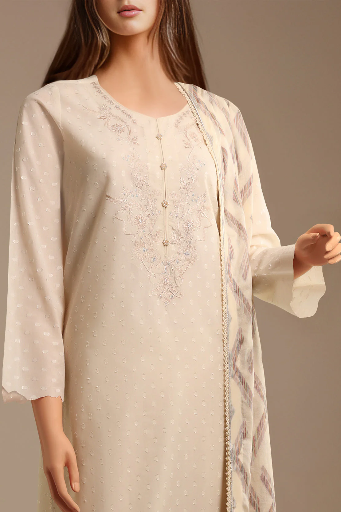 Unstitched Solid Embroidered Self Jacquard 3 Piece - Image 2