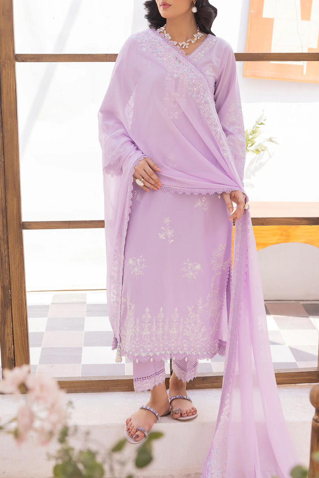 Unstitched Solid Embroidered Wash N Wear 3 Piece With Chiffon Dupatta - Image 2